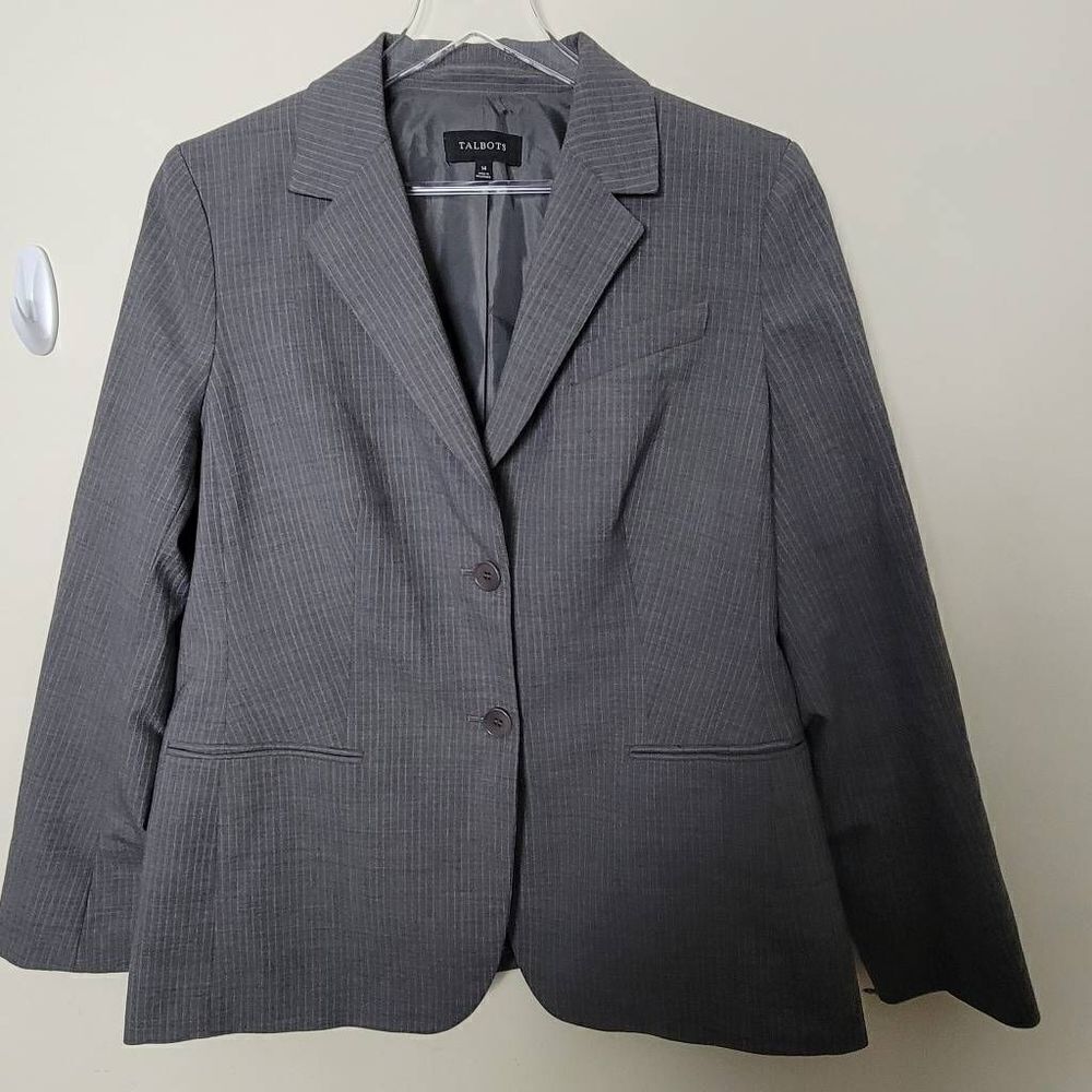 Talbots Charcoal Gray Pinstripe Wool Blend Two Button Blazer Size 14